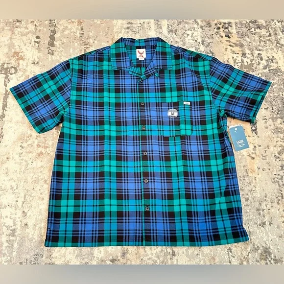 Vans 💯% cotton Anaheim Woven loose Fit Button Up Black/ Blue Size M, Size L - Picture 5 of 10